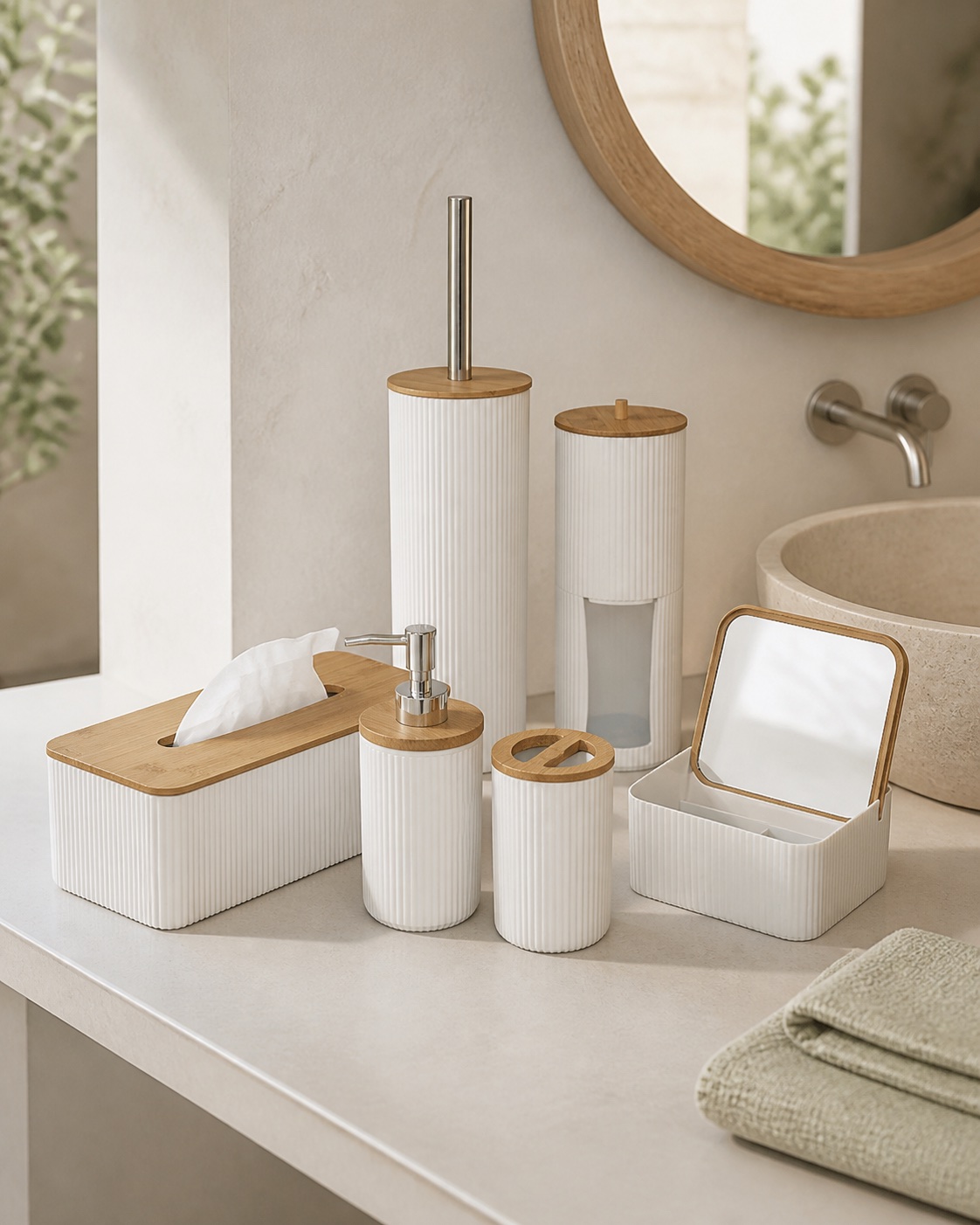 Coordinated bathroom accessory collection on a stone vanity