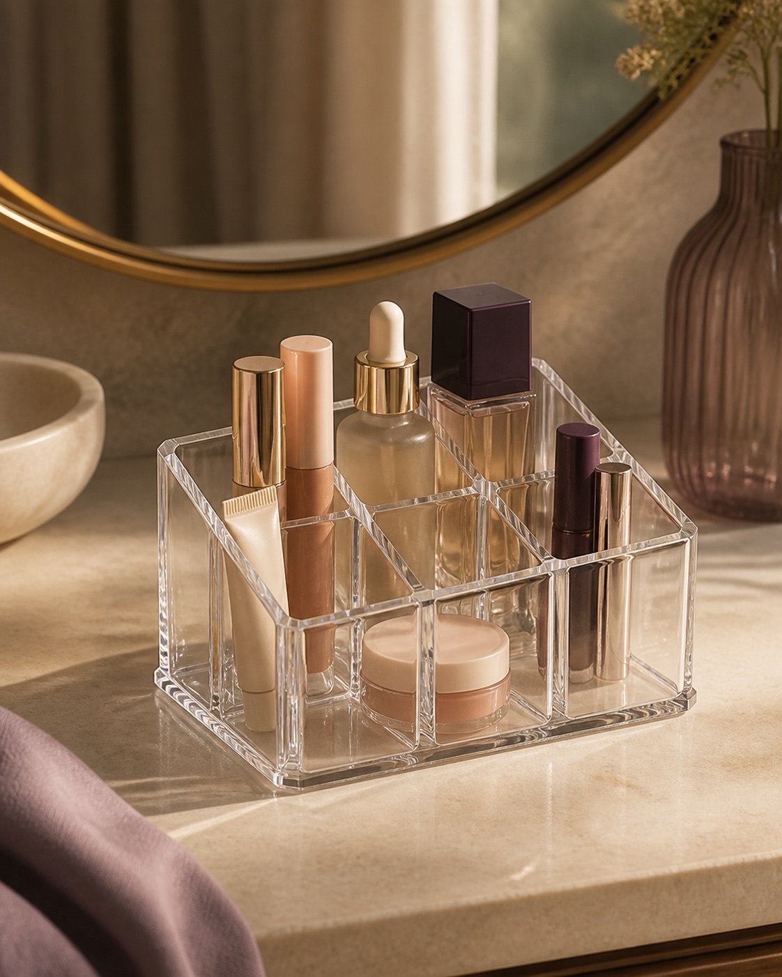 Clear beauty organizer in a refined vanity setting