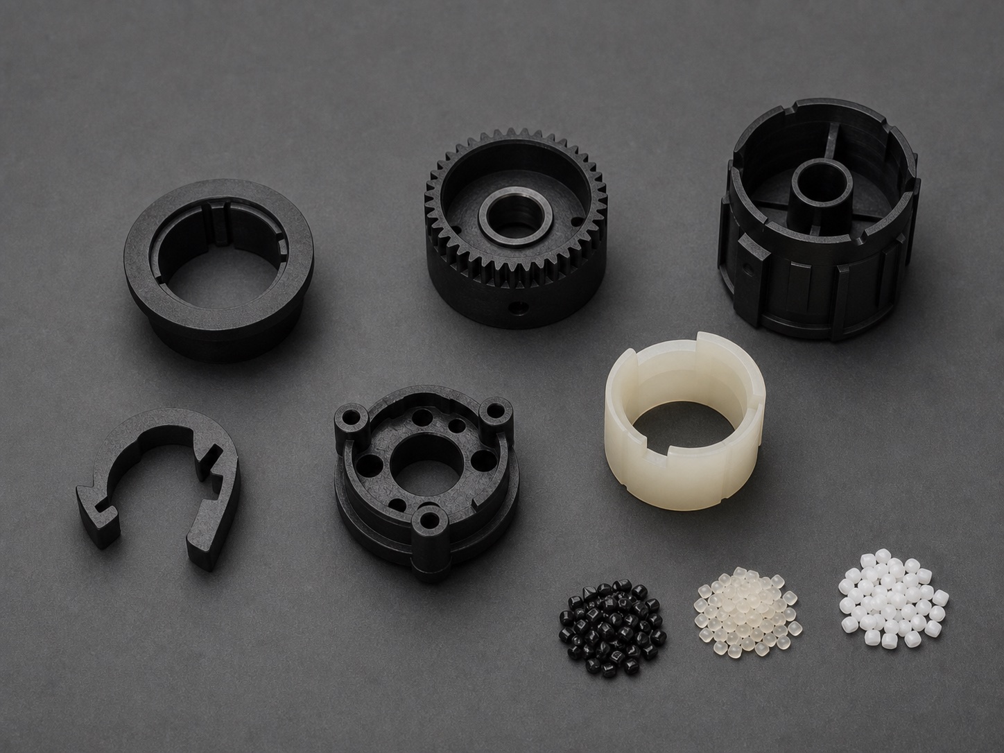 Different molded component forms and engineering resin samples