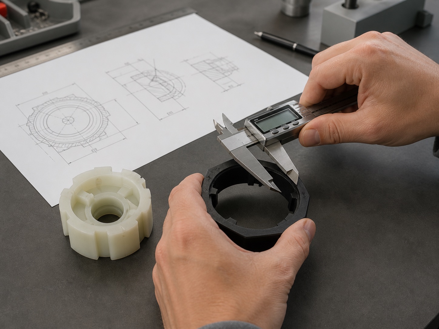 Engineer measuring a keyed molded ring against a drawing