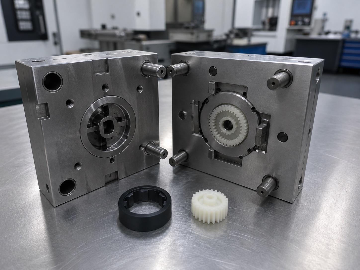 Open precision injection mold with first-article parts