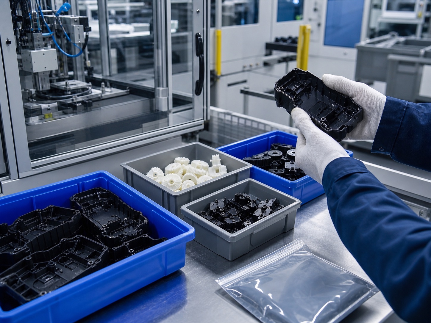 Custom molded housings and geared parts organized for production inspection