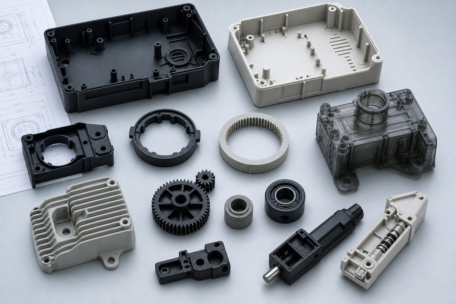 Technical flat-lay of injection-molded housings, gears, rings and functional plastic components