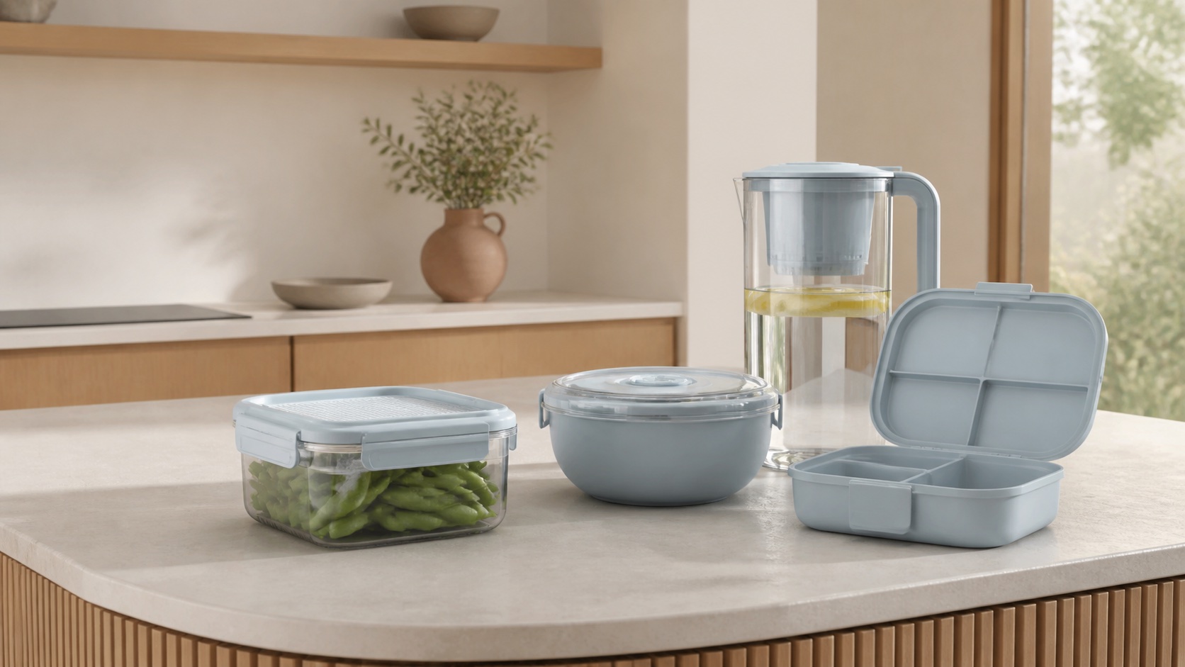 Varied food storage, lunch box, bowl and pitcher collection in a contemporary kitchen