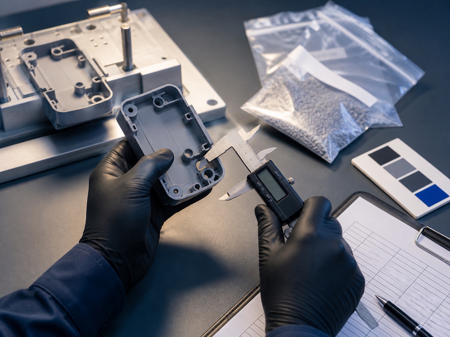 Technician verifying an injection molded component with a caliper