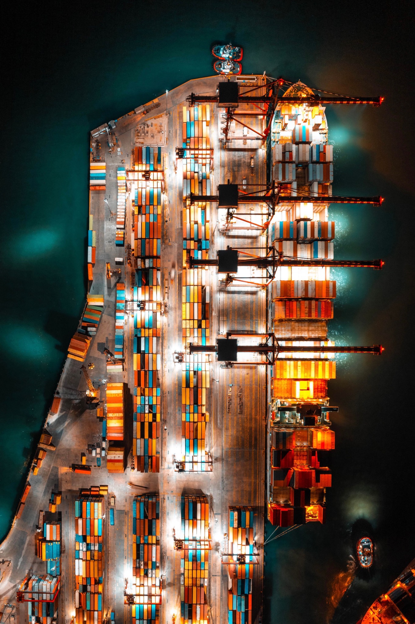Aerial container port at night