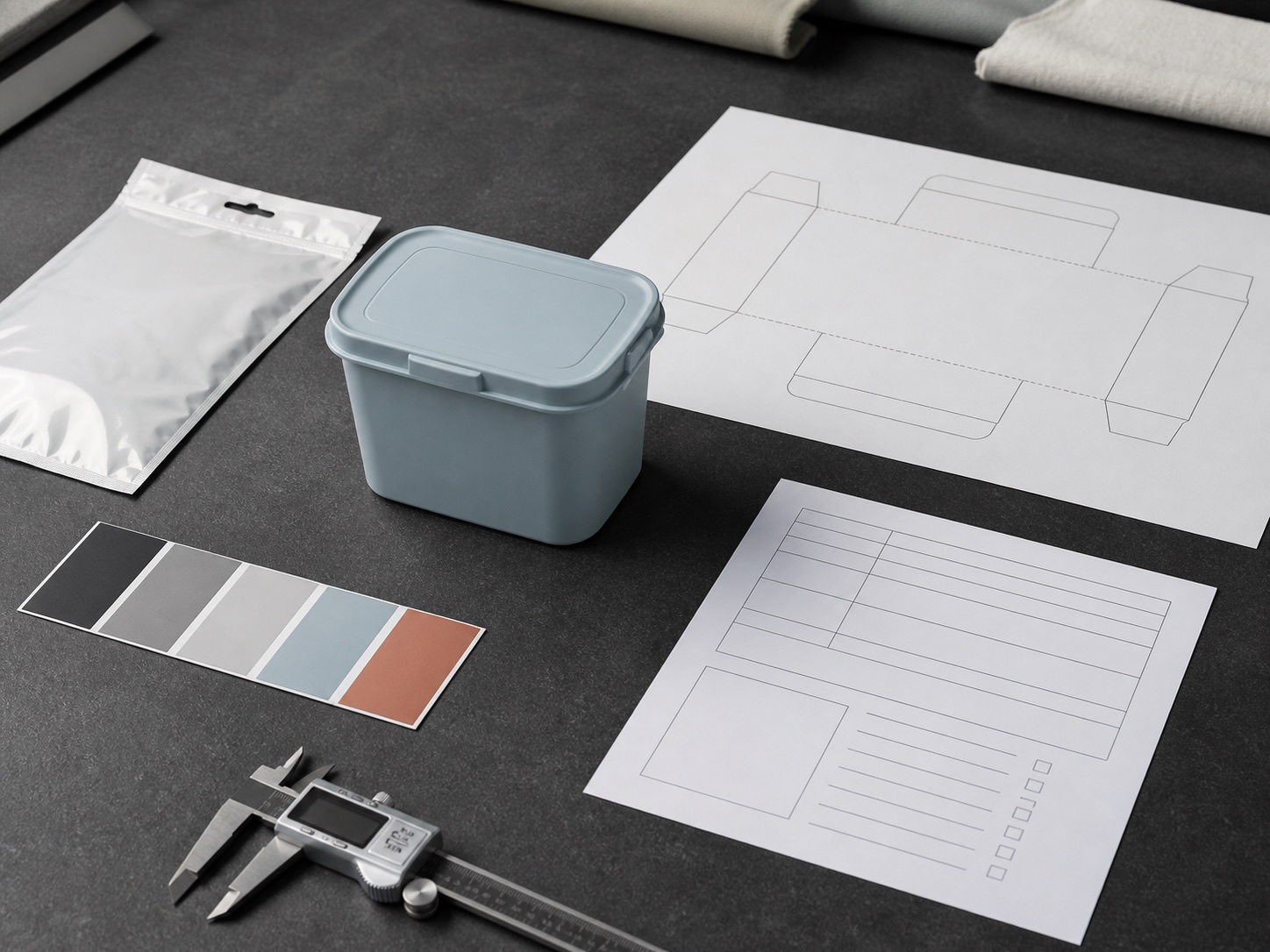 Product sample, packaging layout, color chips and approval documents