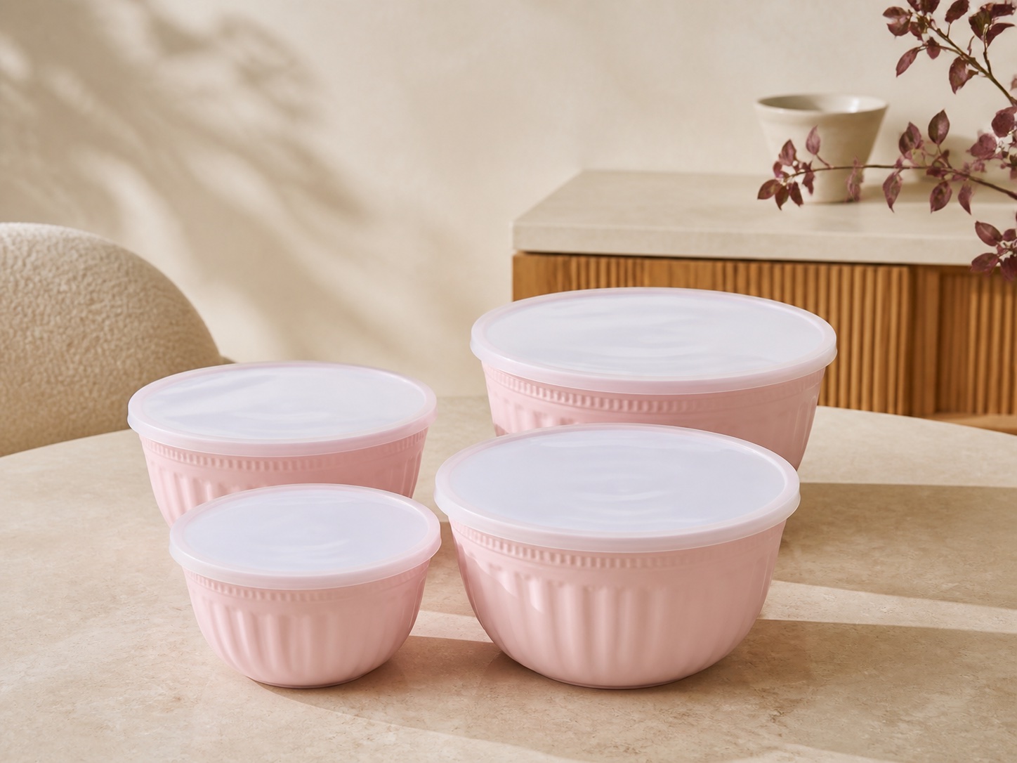 Coordinated private-label bowl collection in a warm kitchen setting