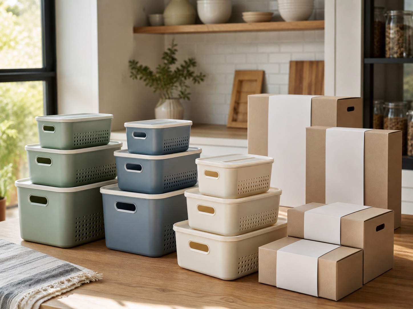 Coordinated household storage family with blank packaging ready for private label