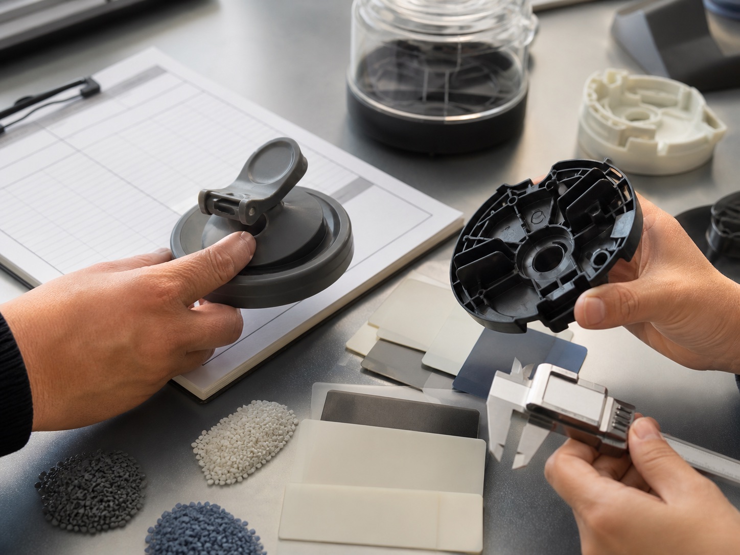 Hands reviewing material, measurements and product feasibility
