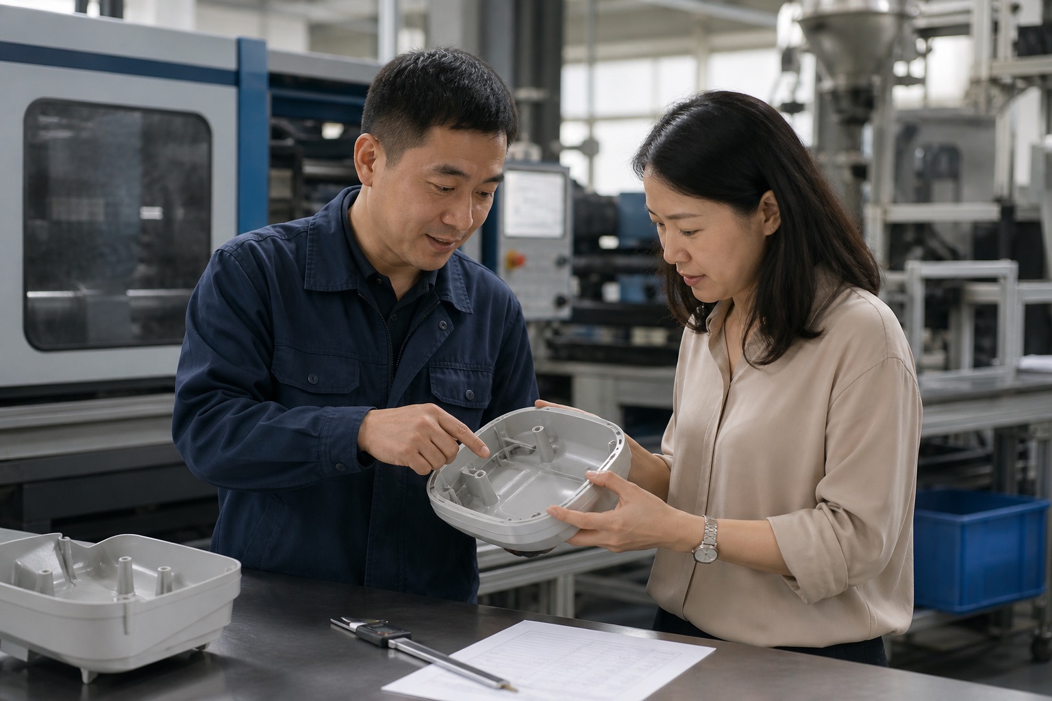 Manufacturing coordinator and factory engineer reviewing a molded plastic component