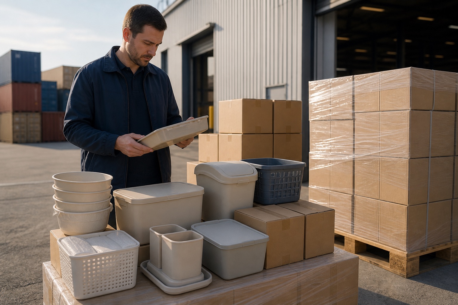 Household plastic products and export cartons organized for international shipment