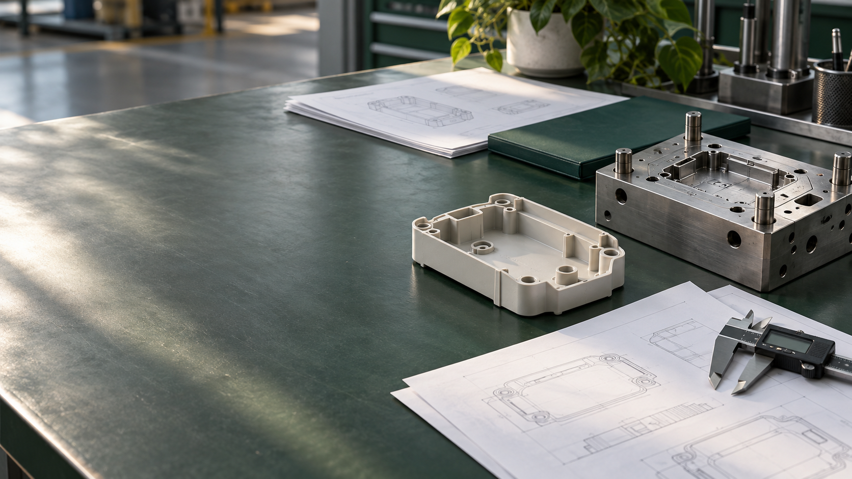 Mold insert, molded plastic enclosure, caliper and CAD drawings on an engineering workbench