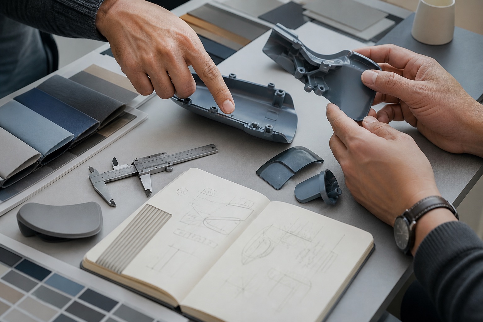 Product parts, calipers and material samples organized for requirement clarification