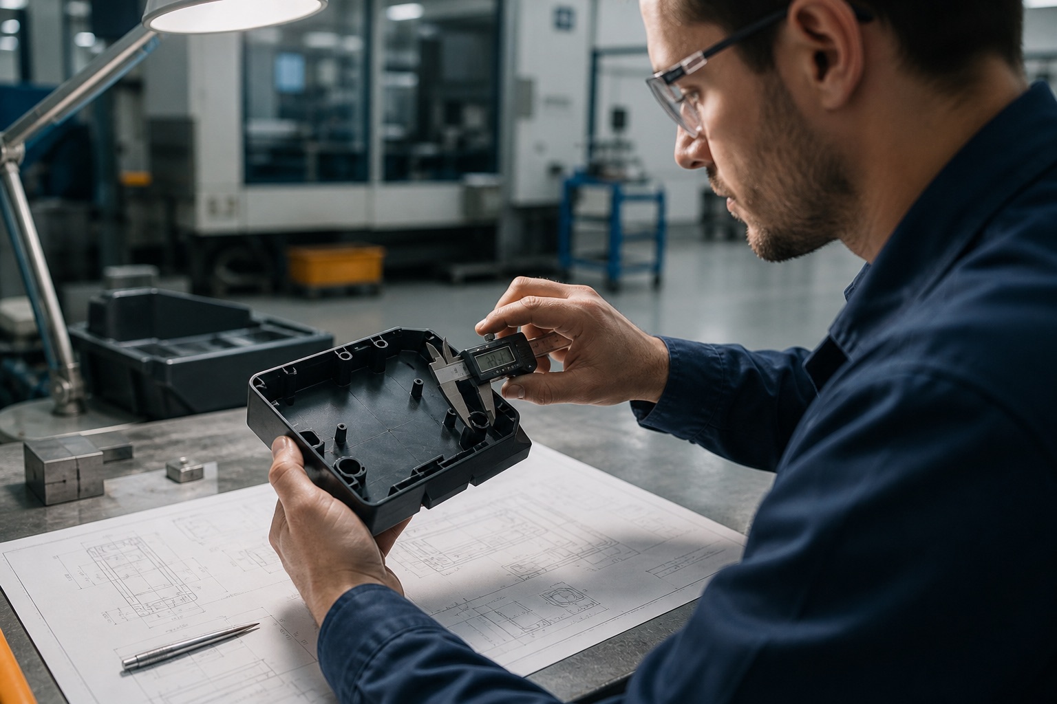 Engineer measuring an actual molded plastic sample at a quality inspection bench